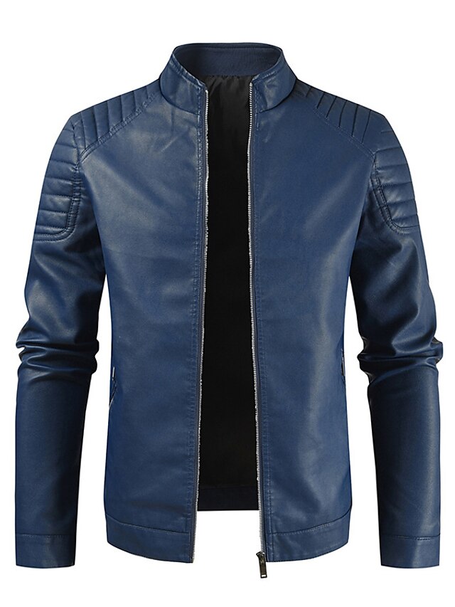  Men's Faux Leather Jacket Daily Wear Work Winter Long Coat Regular Fit Warm Casual Casual Daily Jacket Long Sleeve Pure Color With Belt Black Navy Blue