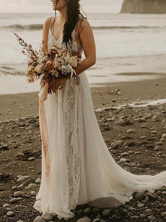  Beach Boho Wedding Dresses Court Train A-Line Sleeveless Spaghetti Strap V Neck Lace With Appliques 2023 Spring & Summer Bridal Gowns