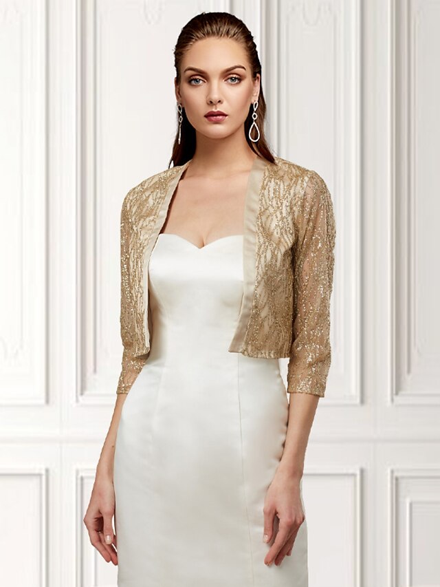  Women's Wrap Sparkle Bolero Elegant & Luxurious Shine 3/4 Length Sleeve Sequined Wedding Wraps With Paillette For Wedding Spring &  Fall