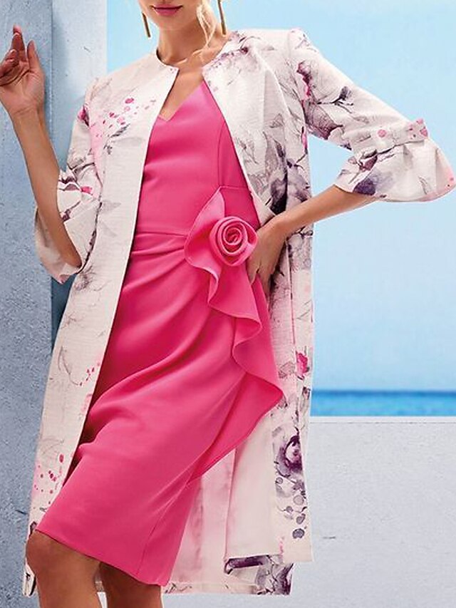 Women's Dress Set Two Piece Dress Knee Length Dress Pink 3/4 Length