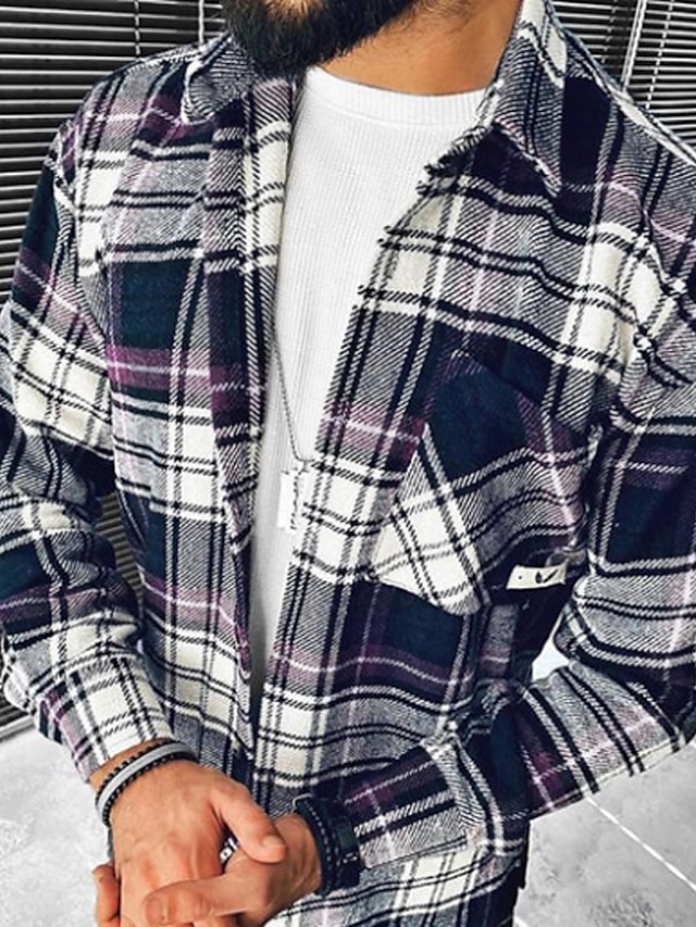  Men's Flannel Shirt Shirt Jacket Shacket Shirt Plaid / Check Turndown Navy Blue Street Daily Long Sleeve Button-Down Clothing Apparel Basic Fashion Casual Comfortable