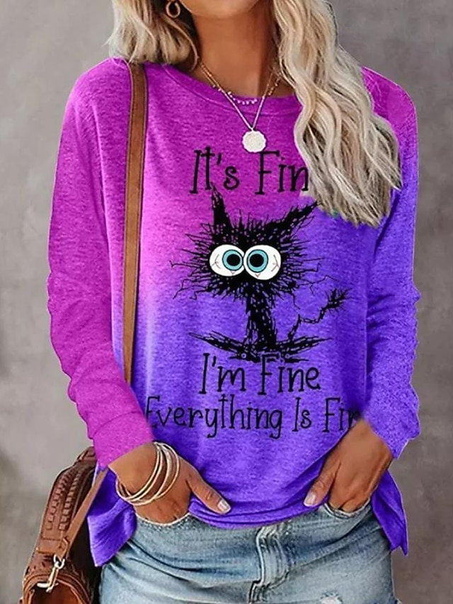  Damen T-Shirt Langarm Rundhals Langarm Tunika Tee Maronengelb Rosa Grafik Katzenprint Lässig Wochenende Cartoon Lustig Rundhals Regulär Ich bin in Ordnung Malerei Plus Size S Pre-Fall