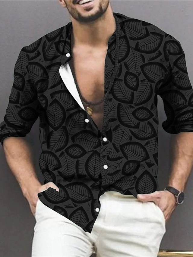Chemise Hawaïenne Homme - Noir à Motifs Feuilles Et Cerfs - Rayonne - Taille Regular