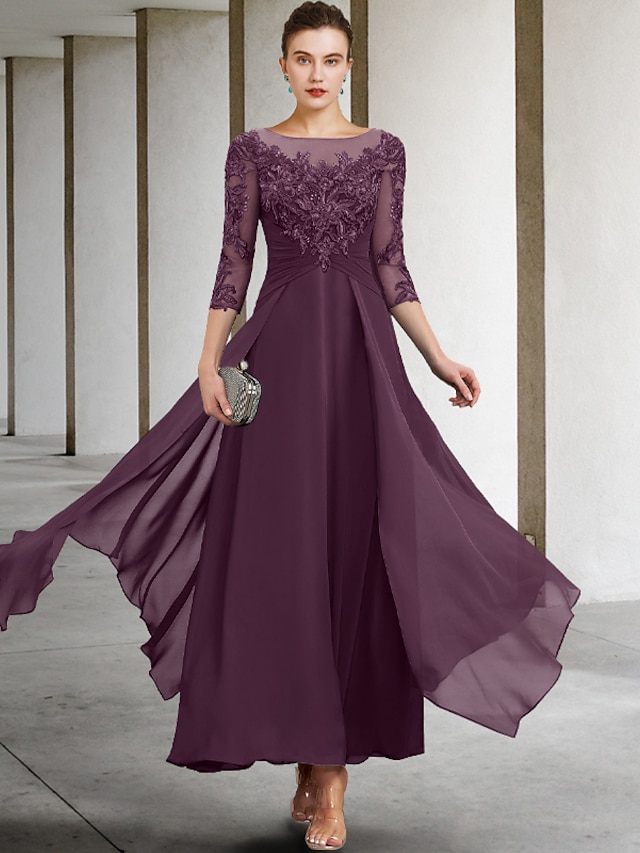  A-Line Mother of the Bride Dress Wedding Guest Elegant Plus Size Jewel Neck Ankle Length Chiffon Lace 3/4 Length Sleeve with Ruched Sequin Appliques 2024