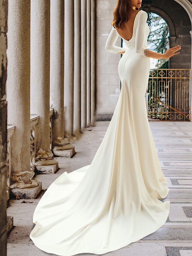 Gorgeous Mermaid V-neck Long Sleeves Satin Beading Court Train Prom Dresses