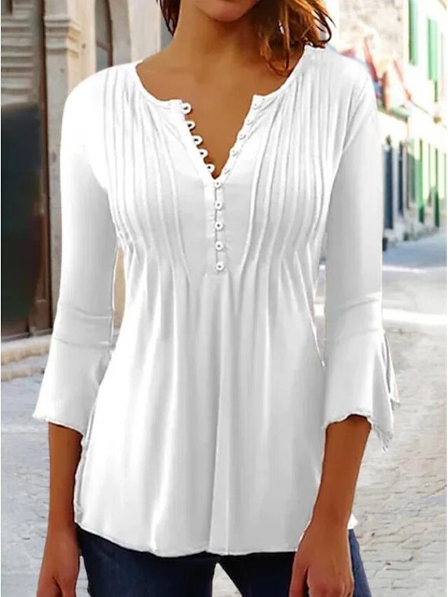  Dame Skjorte Bluse Gatemote Fritid 3/4 ermer Skjortekrage Vanlige topper Ferie Helg Flettet Svart Hvit Vin