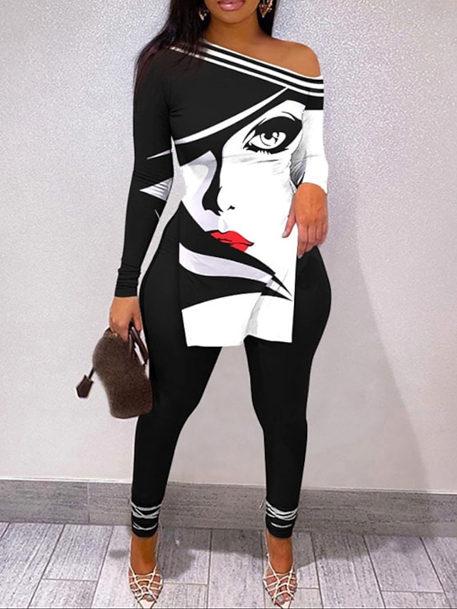  Femme Chemise Ensembles de pantalons Gris foncé Noir Blanche Portrait Imprimer manche longue Casual Vacances Actif Vêtement de rue Une Epaule