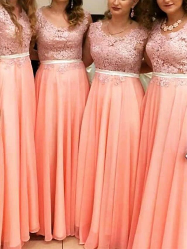 ALine Bridesmaid Dress Jewel Neck Sleeveless Elegant Floor Length