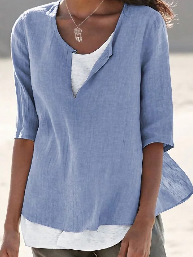 Women's Shirt Blouse Plain Holiday Blue Half Sleeve Casual Beach V Neck