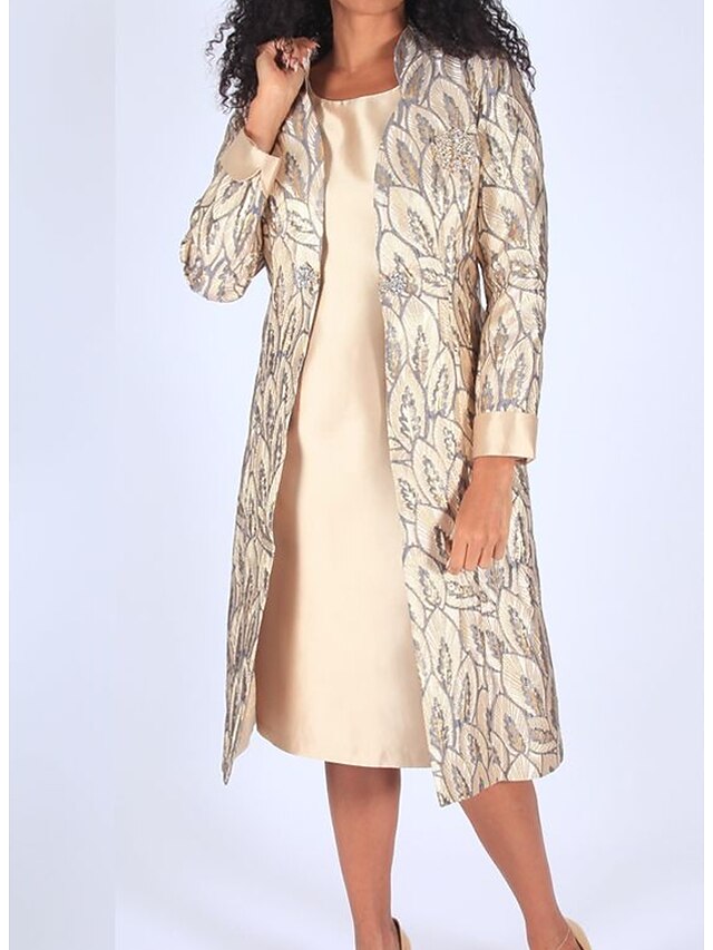 Women's Dress Set Two Piece Dress Knee Length Dress Beige Long Sleeve