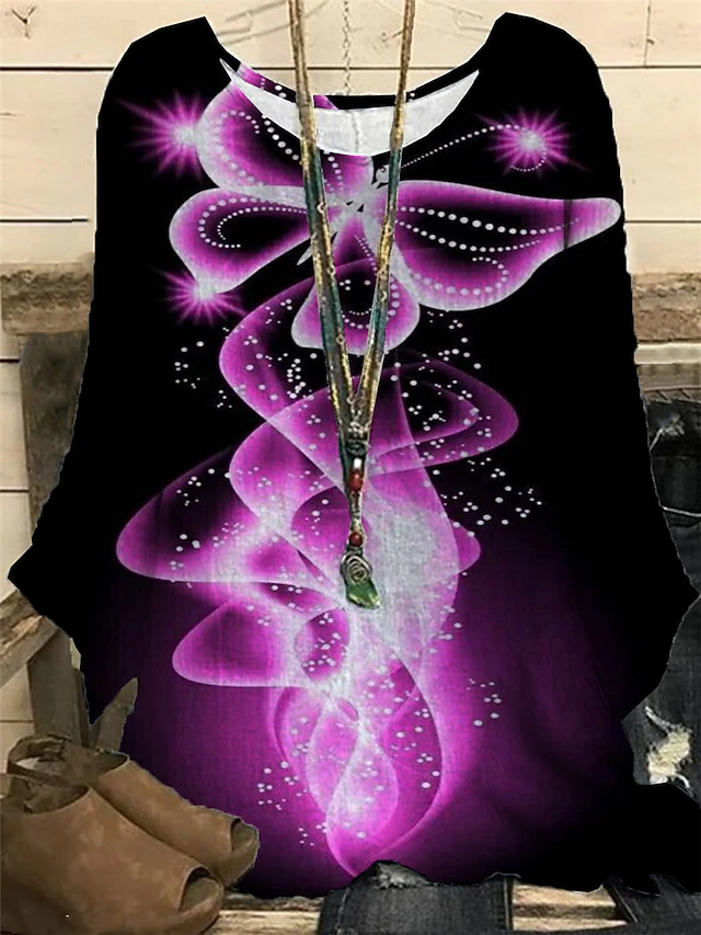 Women's Plus Size Blouse Casual Butterfly Print Regular Tops Vacation Daily Going out Pink Lavender Purple Dark Purple Spring Fall Winter 5