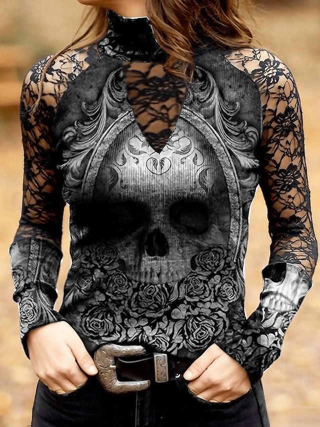  Damen T Shirt Schwarz Totenkopf Motiv Spitze Bedruckt Langarm Halloween Wochenende Basic Stehkragen Standard Farbe S