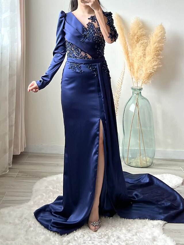 Evening Gown Sparkle & Shine Dress Engagement Formal Evening Court Train Long Sleeve One Shoulder Sequined prom gown main image 1