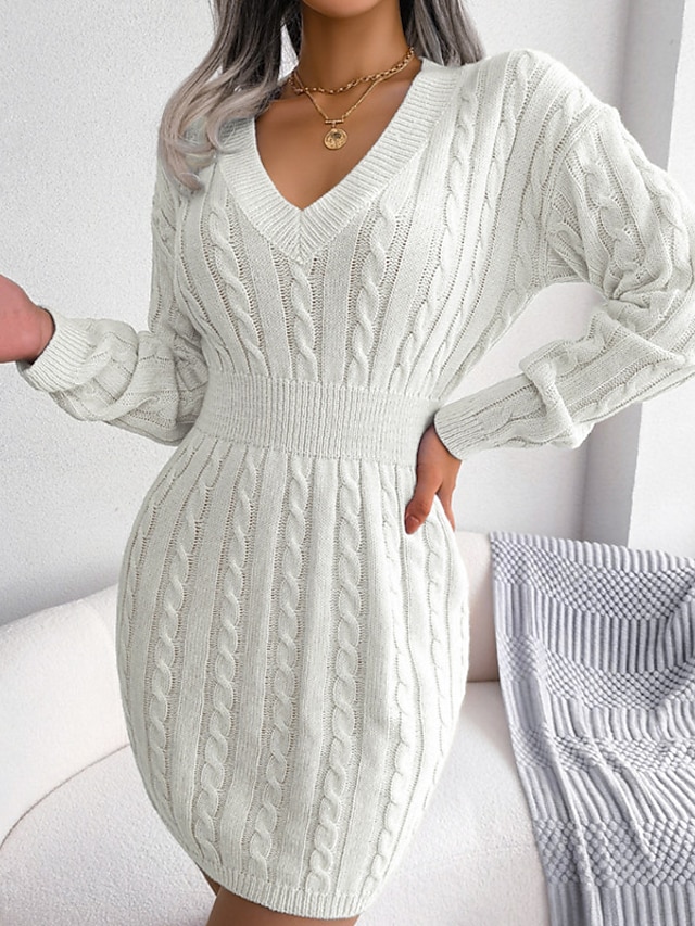  γυναικείο πουλόβερ φόρεμα χειμερινό φόρεμα θήκη φόρεμα μπλε χακί λευκό μακρυμάνικο καθαρό χρώμα πλεκτό χειμώνα φθινόπωρο v λαιμόκοψη κλασικό μανίκι φανάρι εφαρμογή 2022 s m l λευκό φόρεμα
