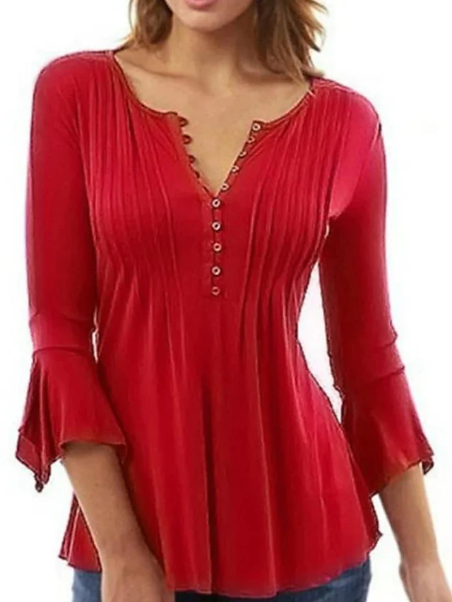 Women's Shirt Blouse Streetwear Casual 3/4 Length Sleeve Shirt Collar Regular Tops Holiday Weekend Pleated Red 7
