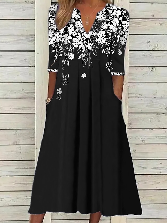  Kvinnors Midi Klänning Tunika Klänning Blommig Ficka V-Hals Midi Klänning Elegant Stilig Daglig Halv Ärm Sommar Vår