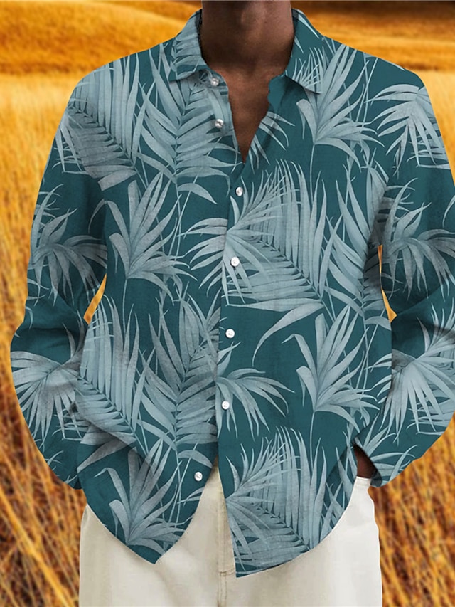  Men's Shirt Graphic Shirt Leaves Turndown Black Blue Brown 3D Print Outdoor Street Long Sleeve Button-Down Print Clothing Apparel Fashion Designer Casual Breathable