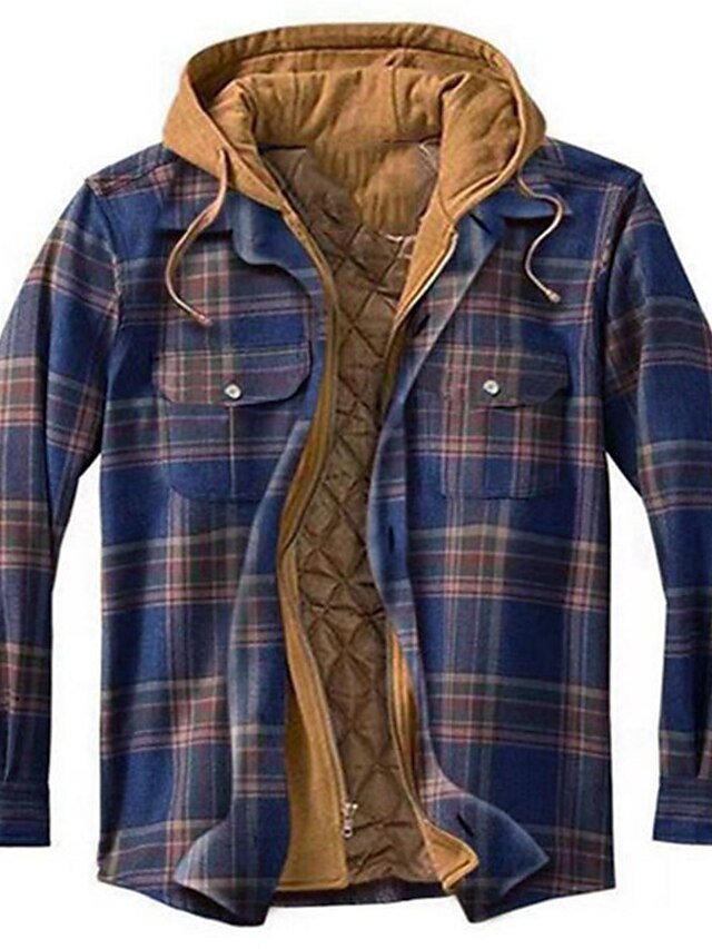 Men's Shirt Jacket Shacket Winter Jacket Stripes and Plaid Hoodie Green ...