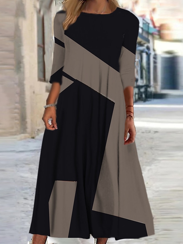 Women's Casual Dress Shift Dress Midi Dress Black White 3/4 Length ...