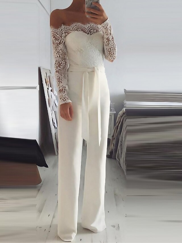 Damen Jumpsuit Spitze Rückenfrei Farbblock Schulterfrei Strassenmode