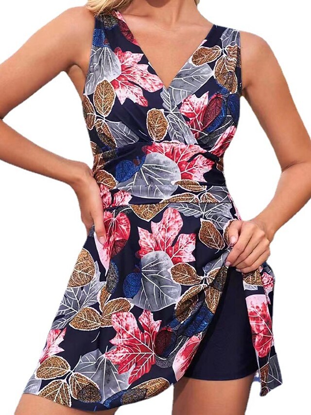 Women's Swimwear Tankini 2 Piece Plus Size Swimsuit Backless Print Leaf