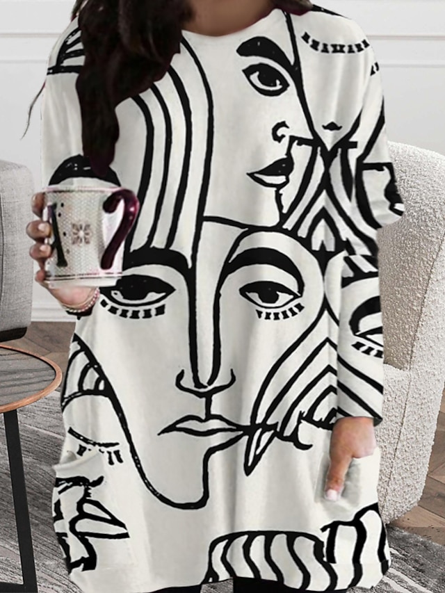  Women‘s Plus Size Curve T Shirt Dress Tee Dress Abstract Crew Neck Print Long Sleeve Winter Fall Casual Daily Vacation Dress