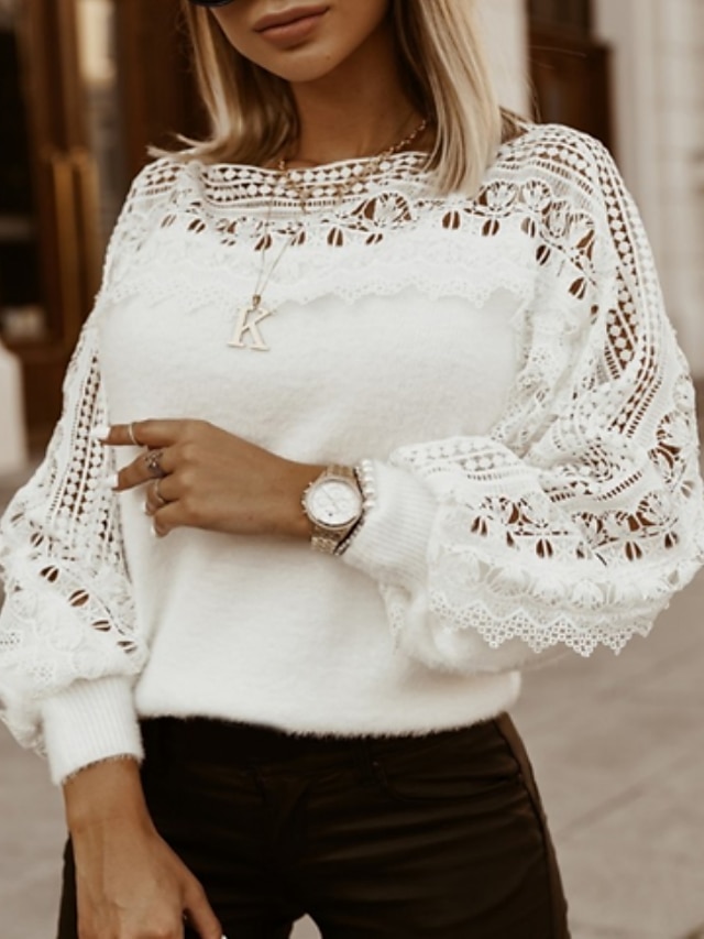  Women's Pullover Sweater Jumper Crew Neck Crochet Knit Lace Trims Fall Winter Cropped Daily Holiday Casual Long Sleeve Solid Color Floral White S M L