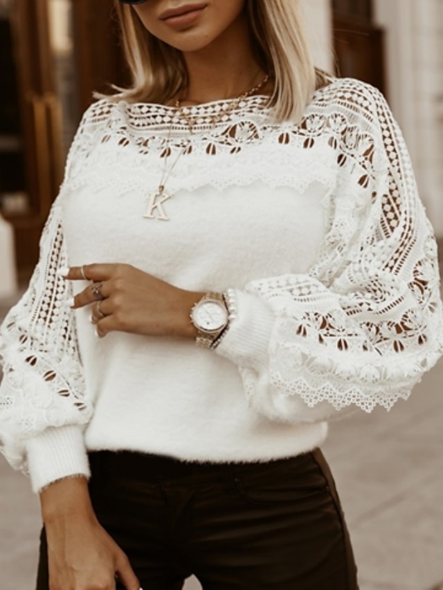  Dame Pullover genser Fritid Helfarge Blomstret Heklet Crew-hals Blonder Langermet Avklipt Strikke Daglig Ferie Hvit Høst Vinter