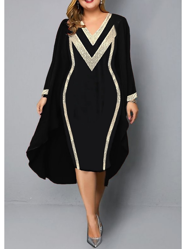  Women's Plus Size Party Dress Color Block V Neck Ruched Long Sleeve Winter Fall Elegant Prom Dress Midi Dress Formal Party Dress / Cocktail Dress / Layered