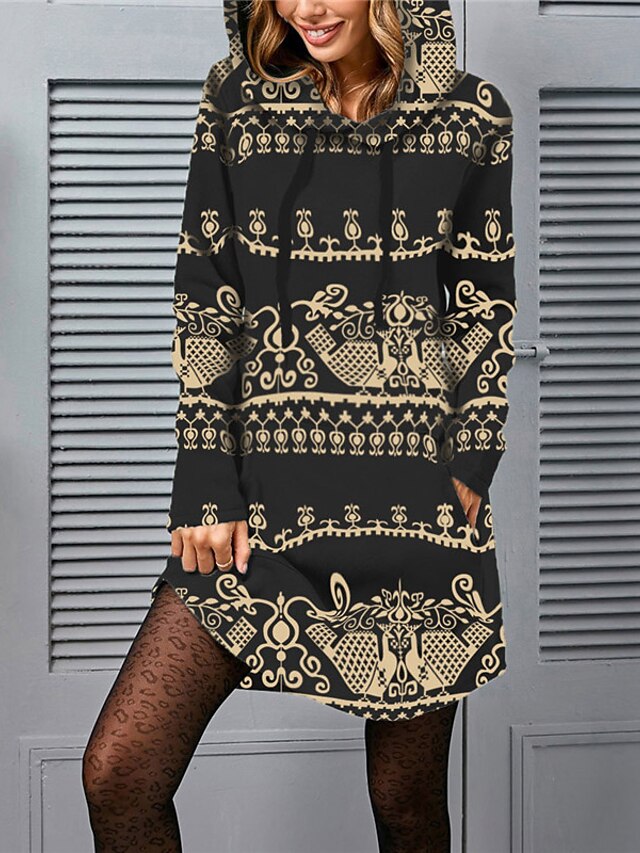 Women‘s Hoodie Dress Winter Dress Yellow Long Sleeve Floral Geometric Pocket Print Winter Fall