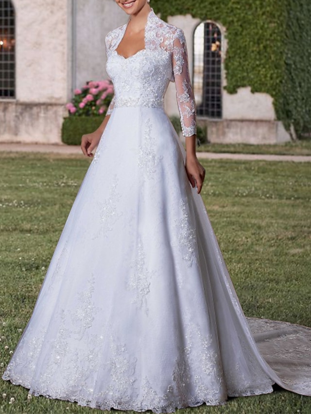  אירוסין רשמי שמלות חתונה שני חלקים לב (סוויטהארט) שרוול 4\3 שובל קורט תחרה שמלות כלה עם חרוזים אפליקציות 2024