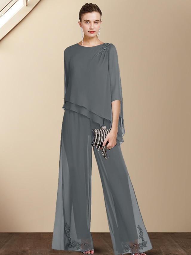  Two Piece Pantsuit / Jumpsuit Mother of the Bride Dress Plus Size Elegant Jewel Neck Floor Length Chiffon 3/4 Length Sleeve with Appliques 2022