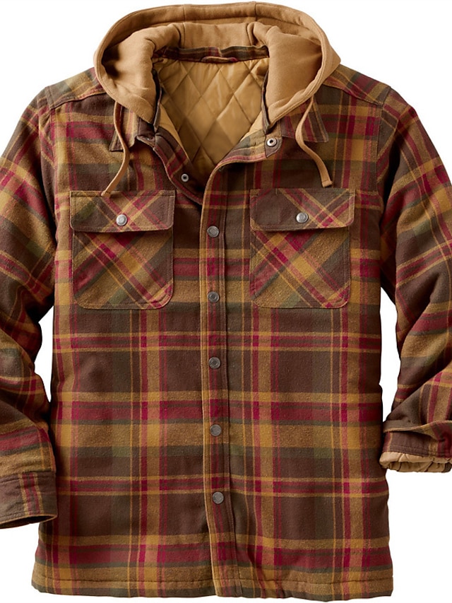  Men's Flannel Shirt Check Hooded Light Yellow Light Purple Wine Green / Black Sea Blue Print Street Daily Long Sleeve Button-Down Clothing Apparel Fashion Casual Comfortable / Weekend