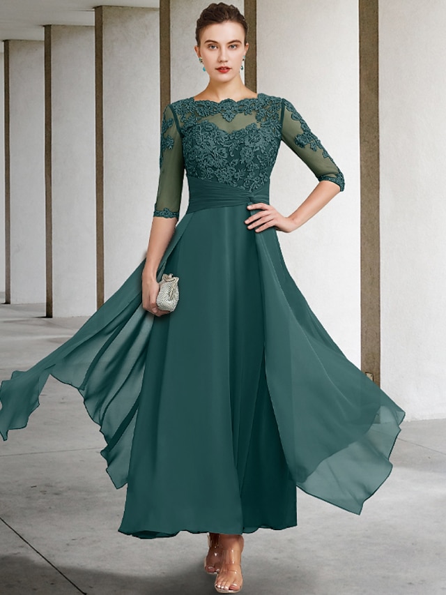  A-Line Mother of the Bride Dress Wedding Guest Elegant Plus Size Jewel Neck Ankle Length Chiffon Lace Half Sleeve with Ruched Beading Appliques 2024