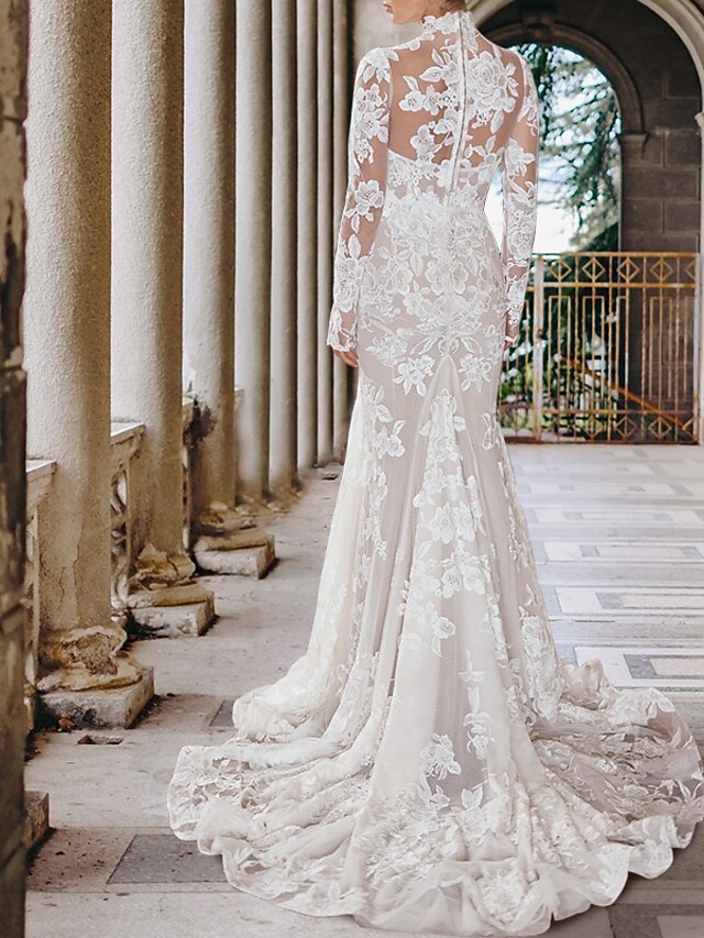 Engagement Formal Wedding Dresses Mermaid / Trumpet Sweetheart Long Sleeve Court Train Lace Bridal Gowns With Beading