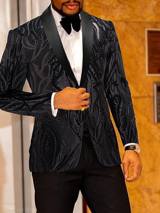  Black Men's Party Prom Tuxedos 2 Piece Sequin Floral Print Shawl Collar Standard Fit Single Breasted One-button 2024