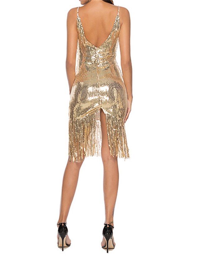 Women‘s Fringe Dress Sequin Dress Short Mini Dress Black Silver Gold