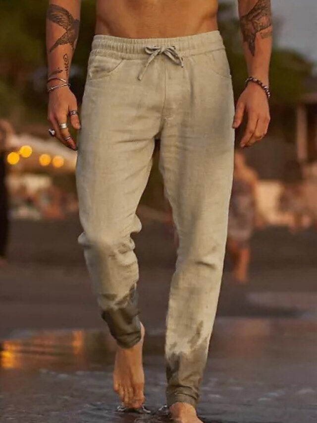  Men's Linen Pants Trousers Work Pants Beach Pants Pocket Drawstring Elastic Waist Plain Comfort Soft Daily Weekend Linen / Cotton Blend Streetwear Casual Dark Khaki Black Micro-elastic