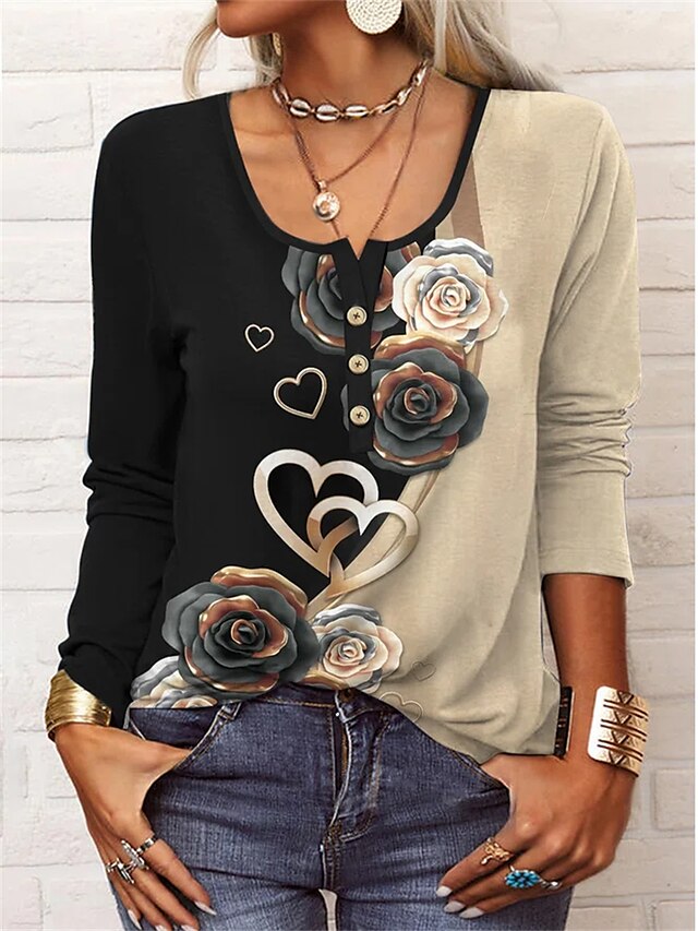  Women's T shirt Tee Black Floral Print Long Sleeve Home Casual Basic U Neck Regular Loose Fit S / 3D Print