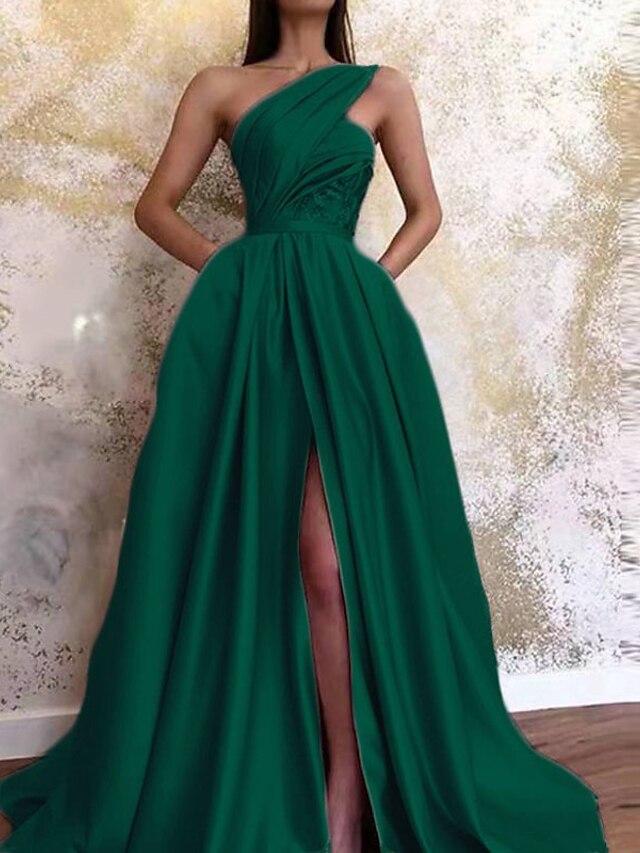  Women‘s Prom Party Dress Swing Dress Emerald Green Dress Long Dress Maxi Dress Green Pink Sleeveless Pure Color Ruched Fall Spring One Shoulder Fashion Party Winter Dress Birthday 2023 S M L XL XXL