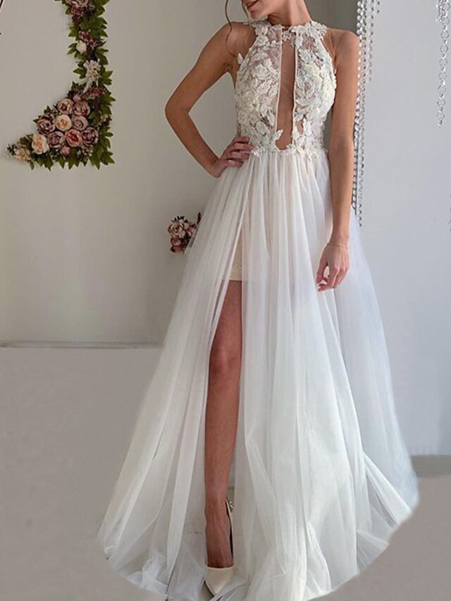Beach Open Back Wedding Dresses Sweep / Brush Train ALine Sleeveless — free download