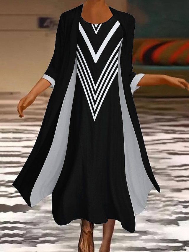  Mujer Conjunto de vestido Vestido de dos piezas vestido largo vestido largo Lineas blancas y negras Manga Larga Bloque de color Estampado Invierno Otoño Cuello Barco Vacaciones Vestido de invierno
