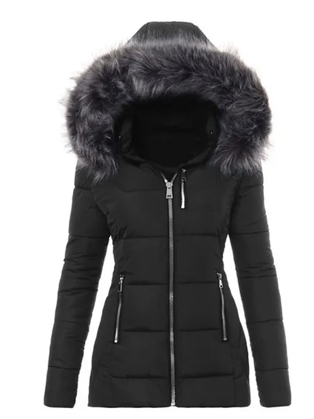 Women's Puffer Jacket Winter Jacket Winter Coat Comfortable Casual Daily Casual Daily Weekend Fur Collar Fleece Lined Zipper Hoodie Daily Comtemporary Stylish Simple Solid Color Regular Fit Outerwear