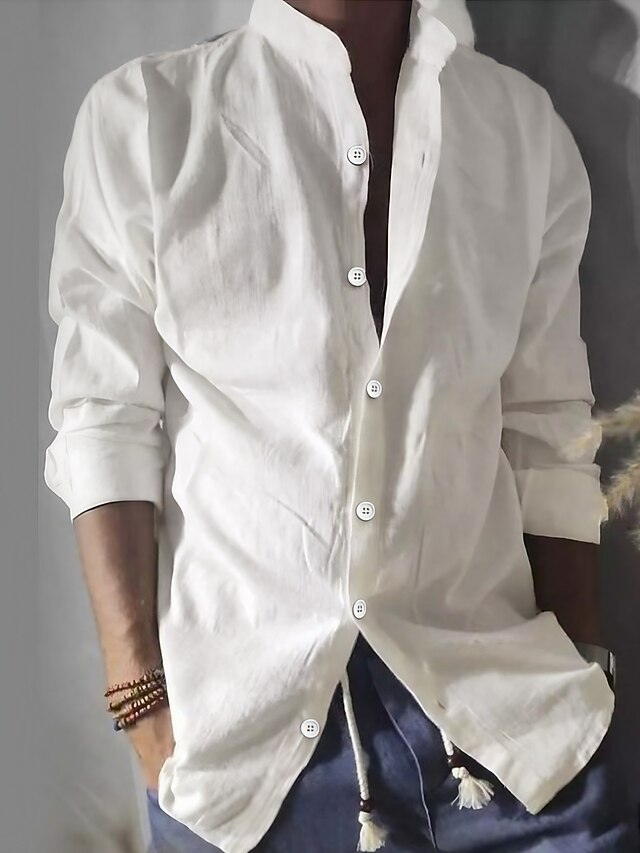 Camisa De Lino Manga Larga Para Hombre – Estilo Chino, Cuello Alto, Ajustada, Casual Y Versátil Para Oficina O Looks De Calle