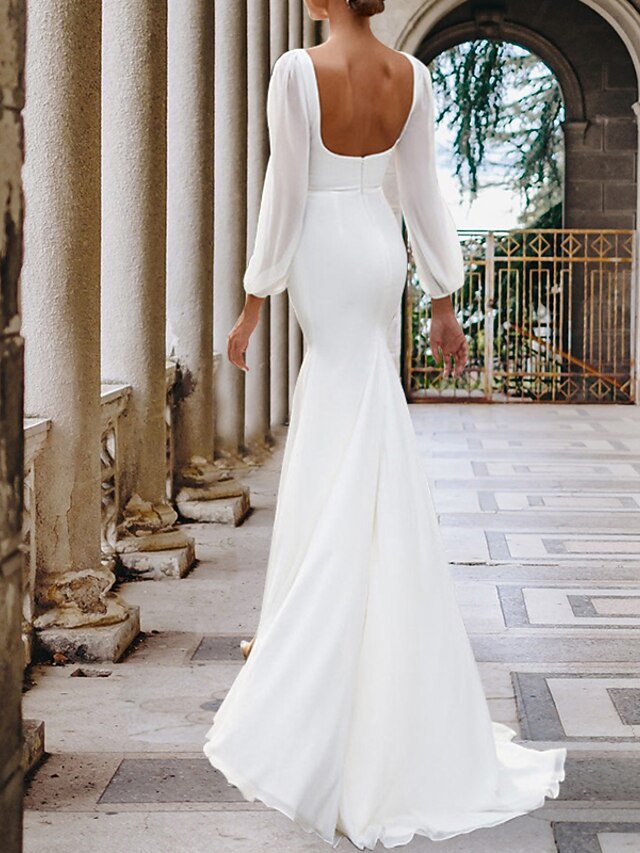 Hall Casual Fall Wedding Dresses A-Line Scoop Neck 3/4 Length Sleeve Sweep / Brush Train Stretch Fabric Bridal Gowns With Pleats Solid Color Summer Wedding Party, Women's Clothing main image 0