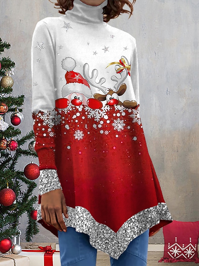  Women's T shirt Tee Red Reindeer Print Long Sleeve Christmas Weekend Basic High Neck Long Painting S
