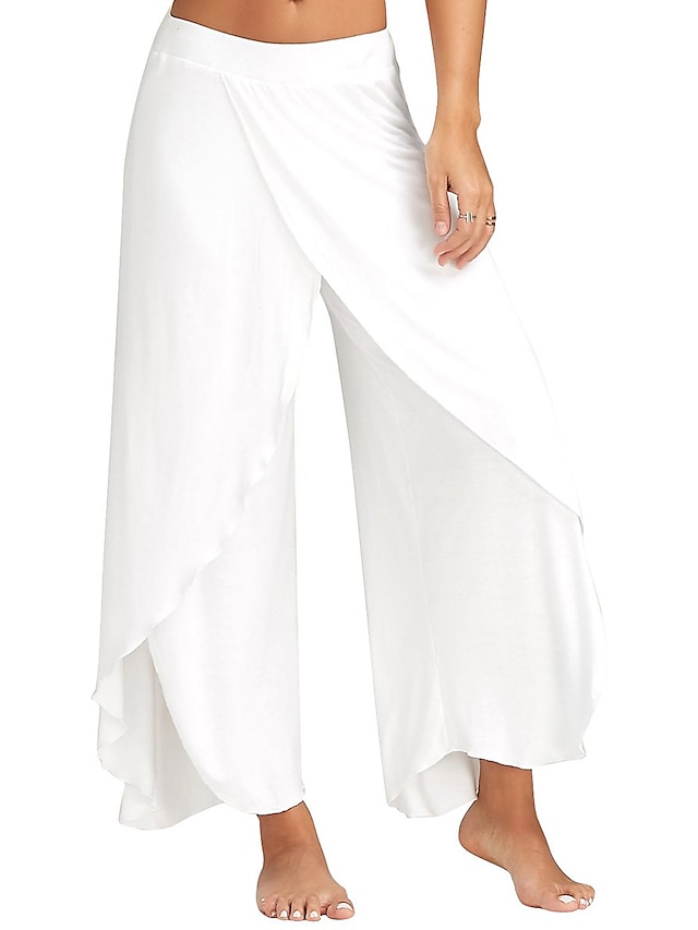  Women's Culottes Wide Leg Chinos Pants Trousers Black White Wine Basic Casual / Sporty Mid Waist Ruffle Layered Casual Daily Yoga Stretchy Solid Color S M L XL XXL