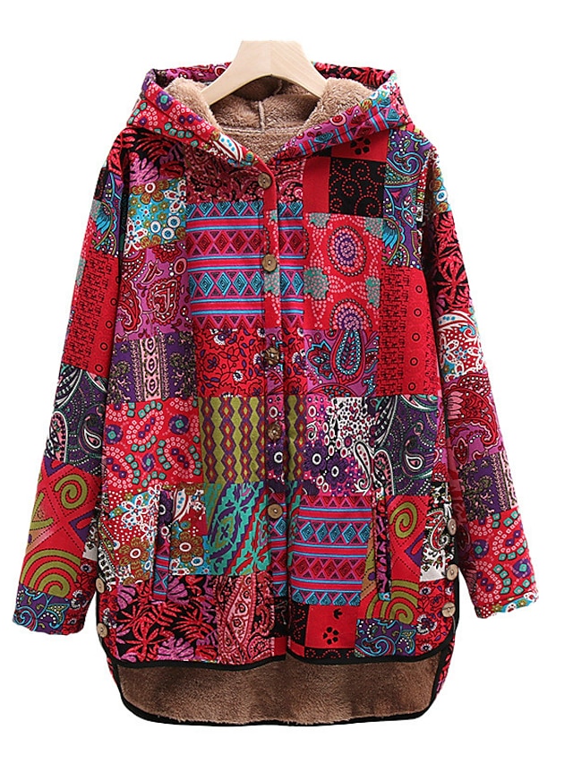 Women's Plus Size Winter Jacket Fleece Jacket Pocket Print Floral Color ...
