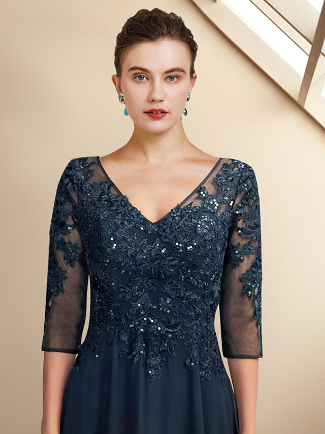 ALine Mother of the Bride Dress Plus Size Elegant V Neck Floor Length