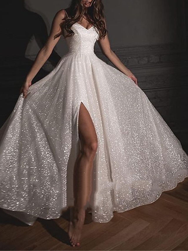  Bridal Shower Sparkle & Shine Wedding Dresses A-Line Sweetheart Camisole Spaghetti Strap Floor Length Sequined Bridal Gowns With Sequin Split Front 2024